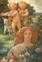 Lady Beatrice Glenavy, WOMAN WITH CHILDREN AND LAMB IN A GARDEN