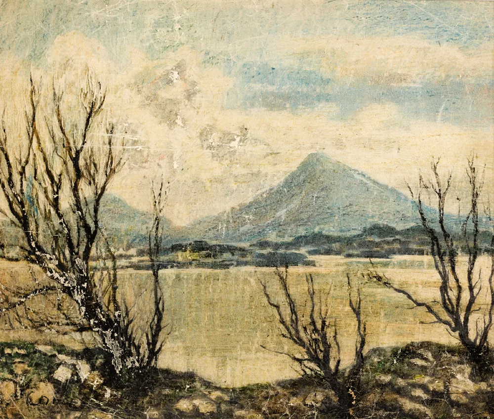 DONEGAL LANDSCAPE by William Conor, crayon on paper, offered Oct 2017