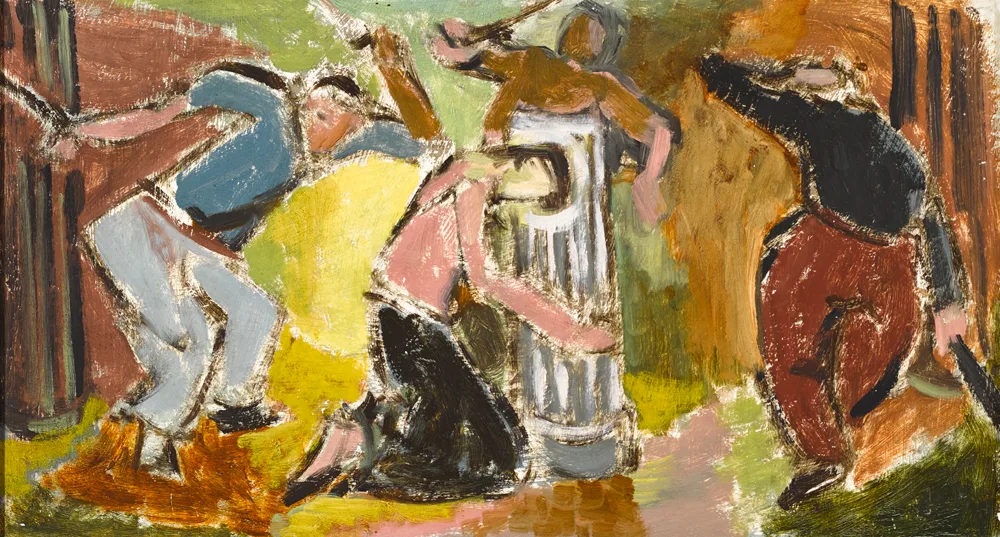 BULLY BOYS by Elizabeth Rivers, oil on board, sold Oct 2017