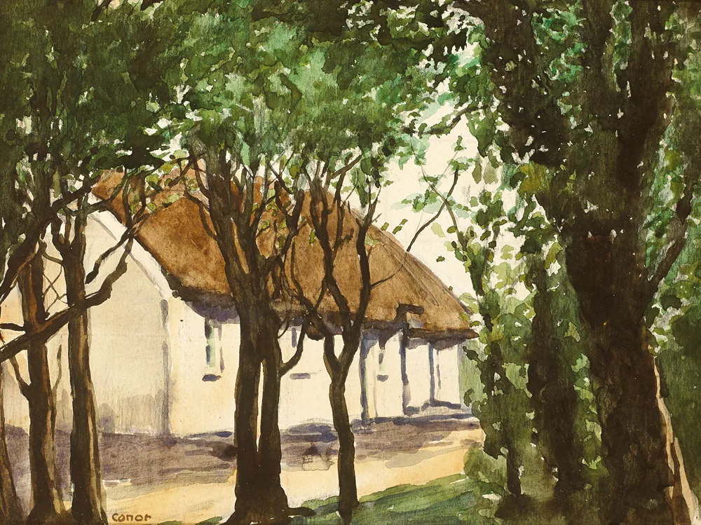 COTTAGE AND TREES by William Conor, watercolour, sold Oct 2017