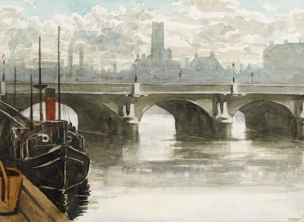 QUEEN'S BRIDGE, BELFAST by William Conor, watercolour, sold Oct 2017