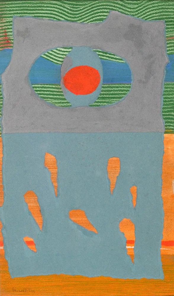 BROWN, BLUE AND SILVER by Gerard Dillon, gouache and silver paint with collage on board, sold Oct 2017
