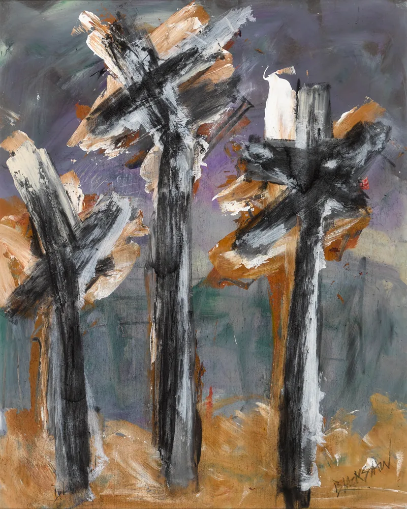 THREE TREES by Basil Blackshaw, oil on board, offered Oct 2017