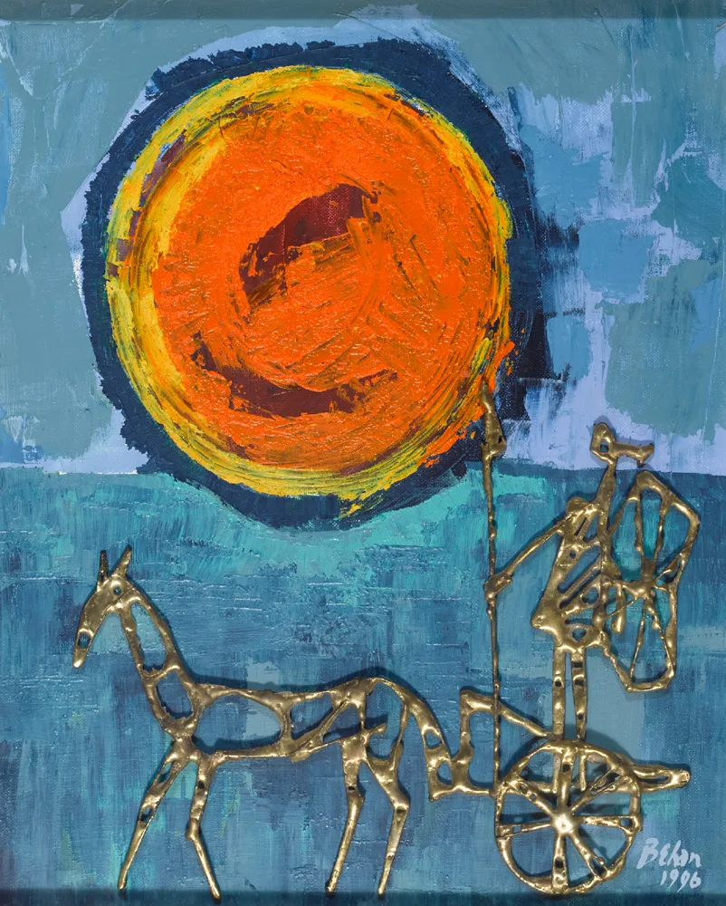 John Behan, TÁIN - CÚCHULAINN AND HIS CHARIOT, 1996, oil on board with gilded copper relief