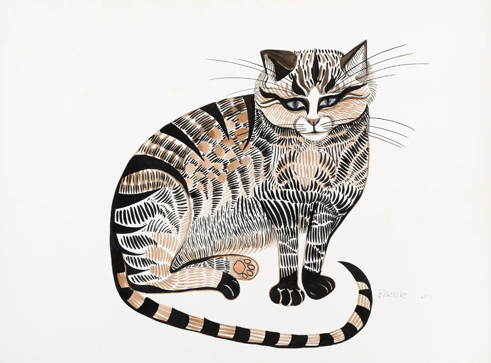CAT IN JINKS by Pauline Bewick, ink on paper on panel, sold Oct 2017