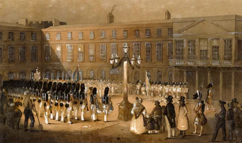 Michael Angelo Hayes, TROOPS AT DUBLIN CASTLE c. 1837-1842, watercolour and body colour on paper