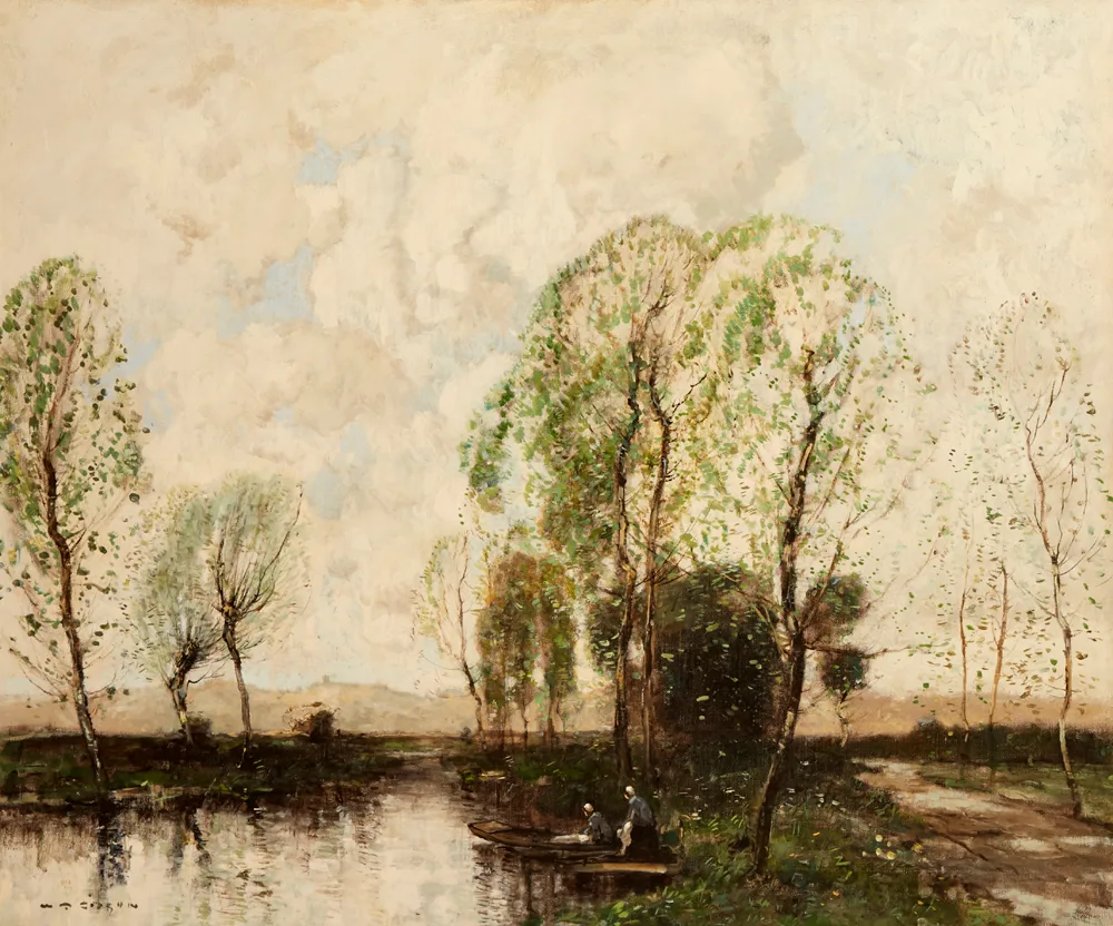BOATING ON A CANAL by William Alfred Gibson, oil on canvas, sold Oct 2017