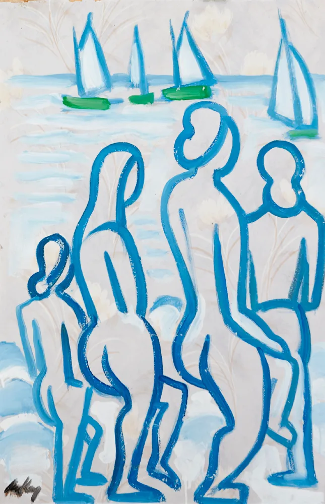 BATHERS WITH SAILBOATS by Markey Robinson, gouache on wallpaper mounted on board, sold Oct 2017