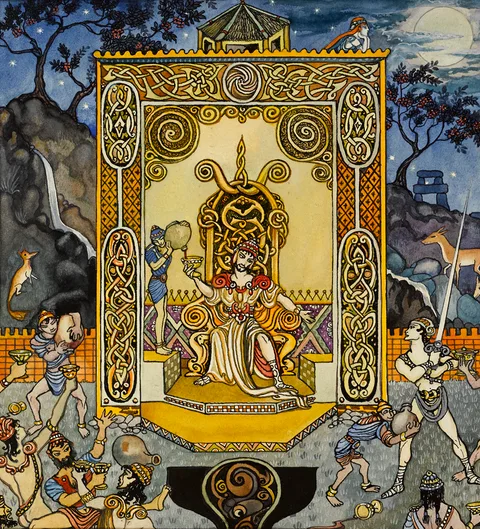 Mícheál MacLíammóir, FÉASTA ÓIL [A DRINKING FEAST] and AR A CHÚL A BHÍODH AN CEOL [THE MUSIC WAS ALWAYS BEHIND HIM] (A PAIR), watercolour on paper; (2)