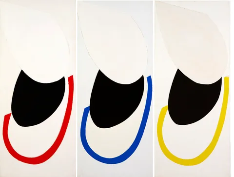 Terry Frost, SUSPENDED FORMS TRIPTYCH [RED, BLUE AND YELLOW], 1982, acrylic and collage on canvas; (3)