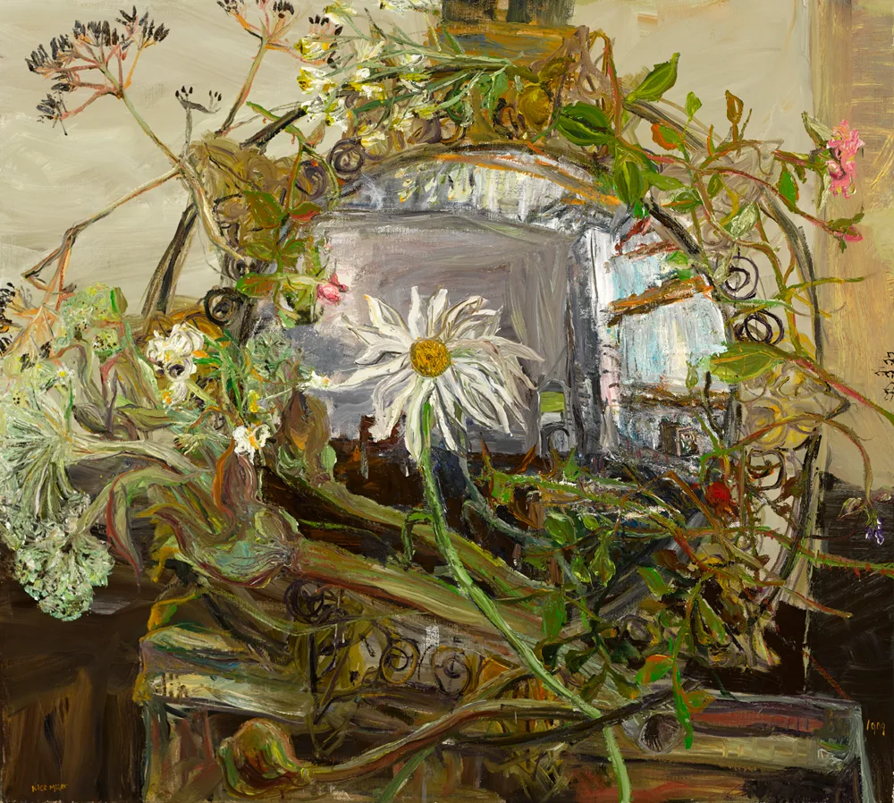 FLOWER WITH ARNOLFINI REFLECTION by Nick Miller, 1999, oil on linen, sold May 2017
