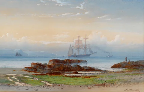 TALL SHIP ENTERING THE HARBOUR by Anthony Carey Stannus, 1888, watercolour, sold May 2017