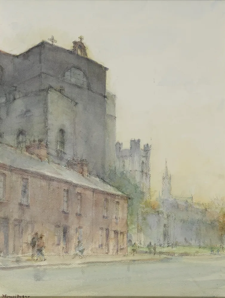 ST. AUDEON'S CHURCH, DUBLIN by Thomas Ryan, charcoal and watercolour, sold May 2017