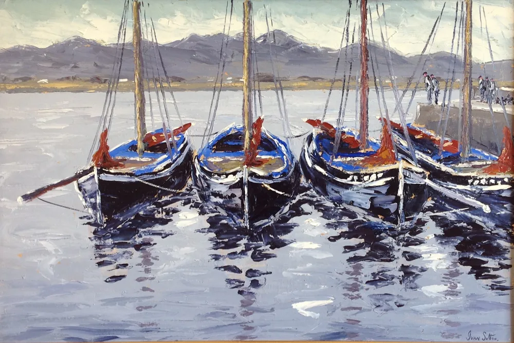 GALWAY HOOKERS, ROUNDSTONE, COUNTY GALWAY. by Ivan Sutton, oil on board, sold May 2017