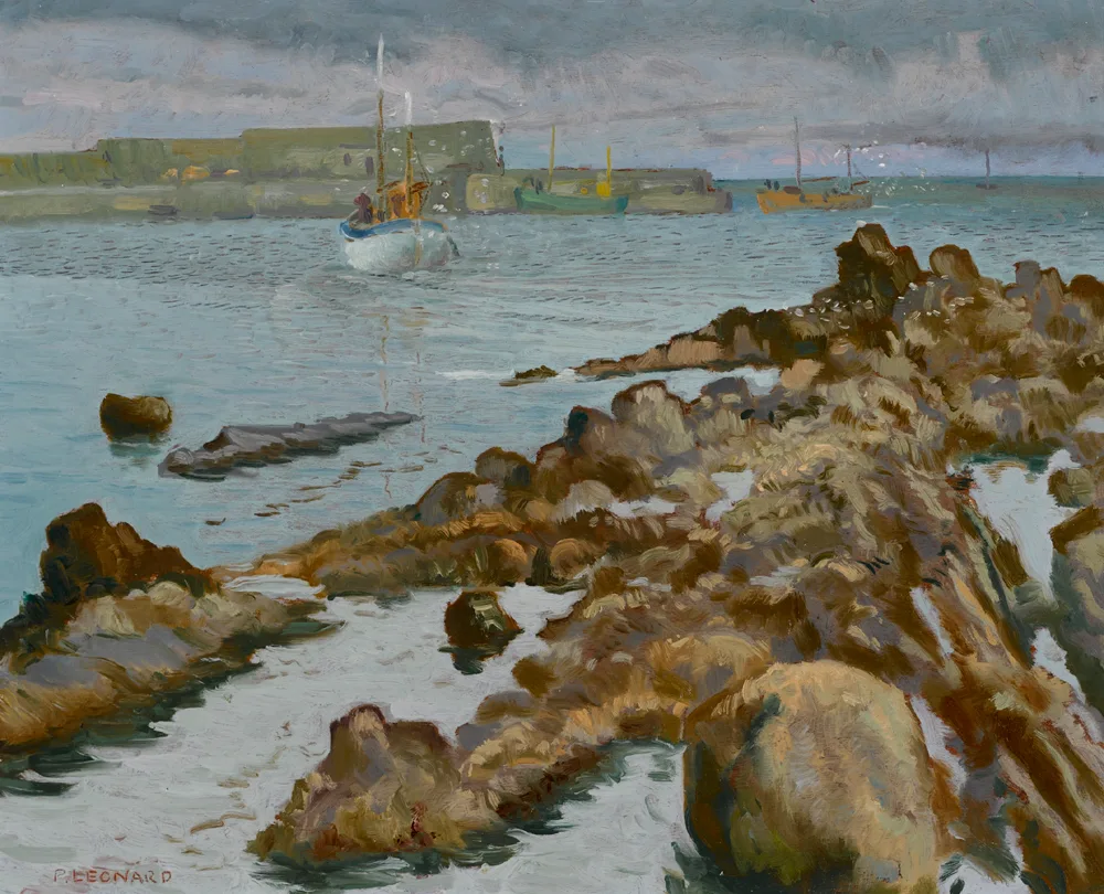 LOUGHSHINNY HARBOUR, COUNTY DUBLIN by Patrick Leonard, oil on board, offered Feb 2017