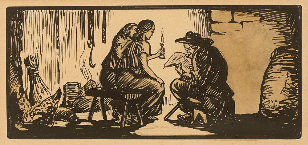 READING BY CANDLELIGHT by Jack Butler Yeats, ink, sold Feb 2017