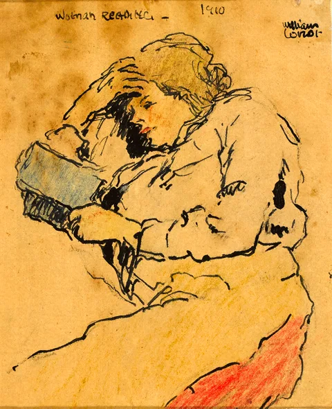 WOMAN READING by William Conor, 1910, ink over wax crayon on paper, sold Feb 2017
