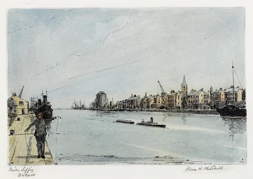 RIVER LIFFEY, DUBLIN by Flora Mitchell, pen and ink with watercolour over pencil, sold Feb 2017