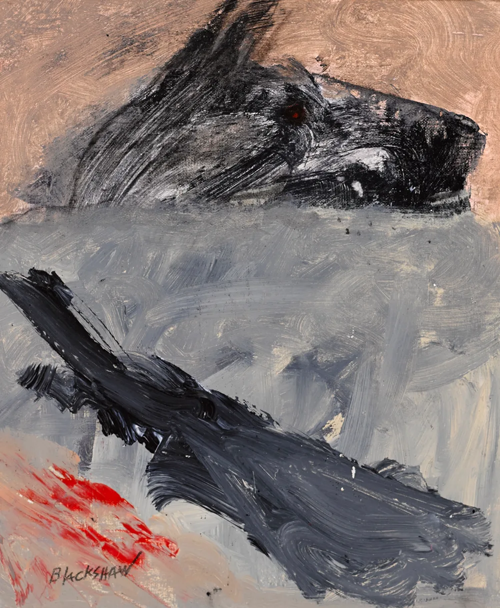 BLACK DOG SWIMMING by Basil Blackshaw, oil on board, offered Feb 2017