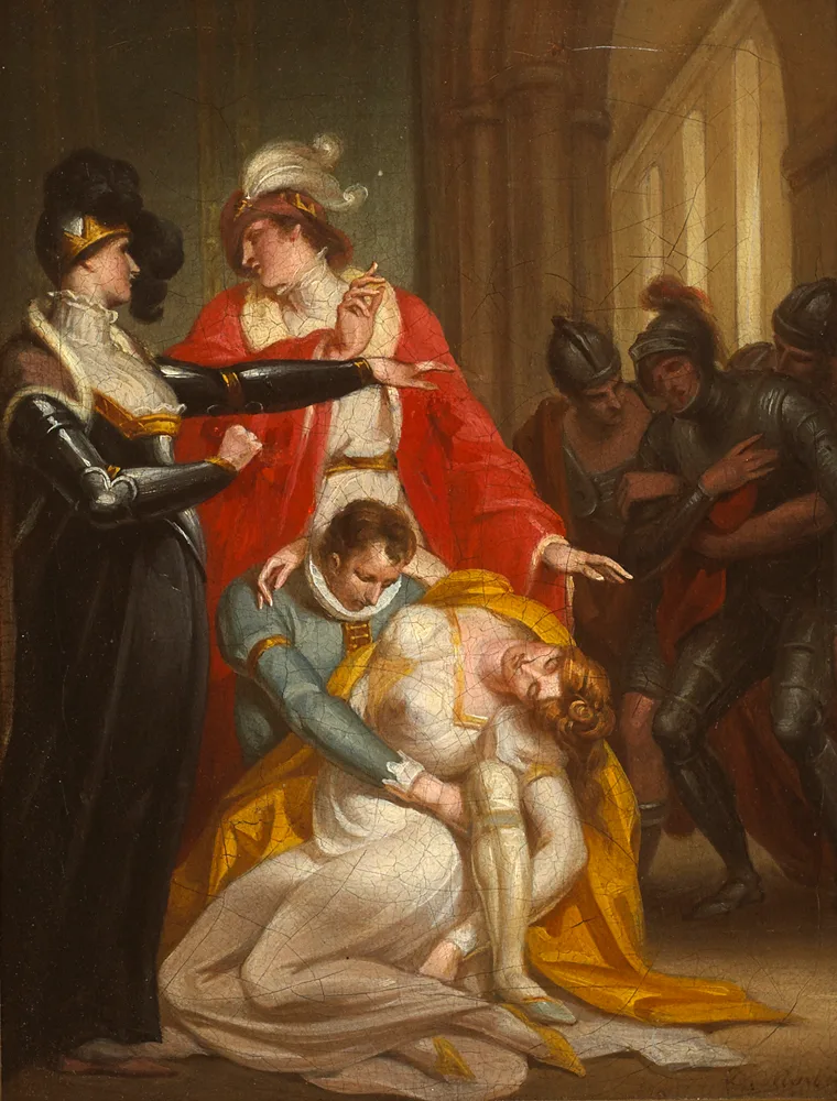 Daniel Maclise, A WOMAN SWOONING; TRIO OF SOLDIERS BEYOND, oil on canvas