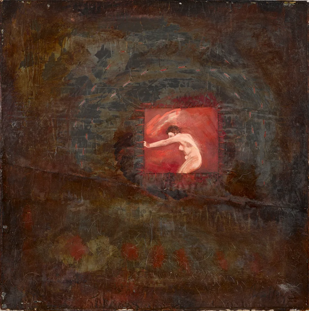 AIM by Rita Duffy, 2002, oil and collage elements on canvas, sold Feb 2017