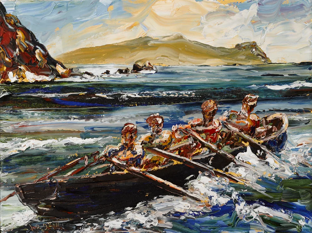 FOUR MEN IN A BOAT by Liam O'Neill, oil on canvas, sold Feb 2017