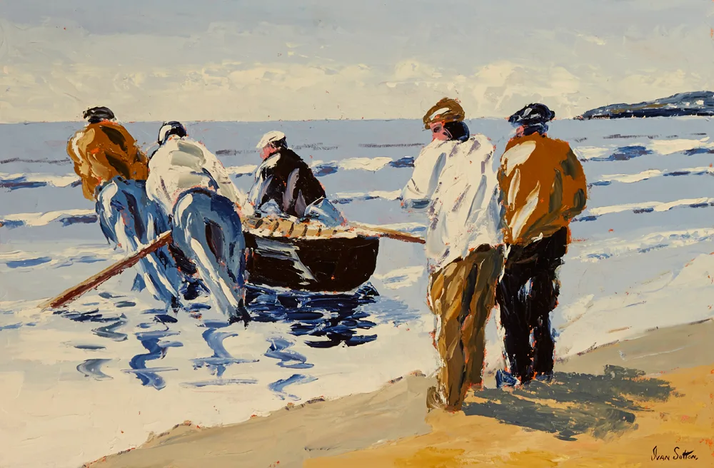 LAUNCHING THE CURRACH, ARANMORE, ARAN ISLANDS, COUNTY GALWAY by Ivan Sutton, oil on board, sold Feb 2017