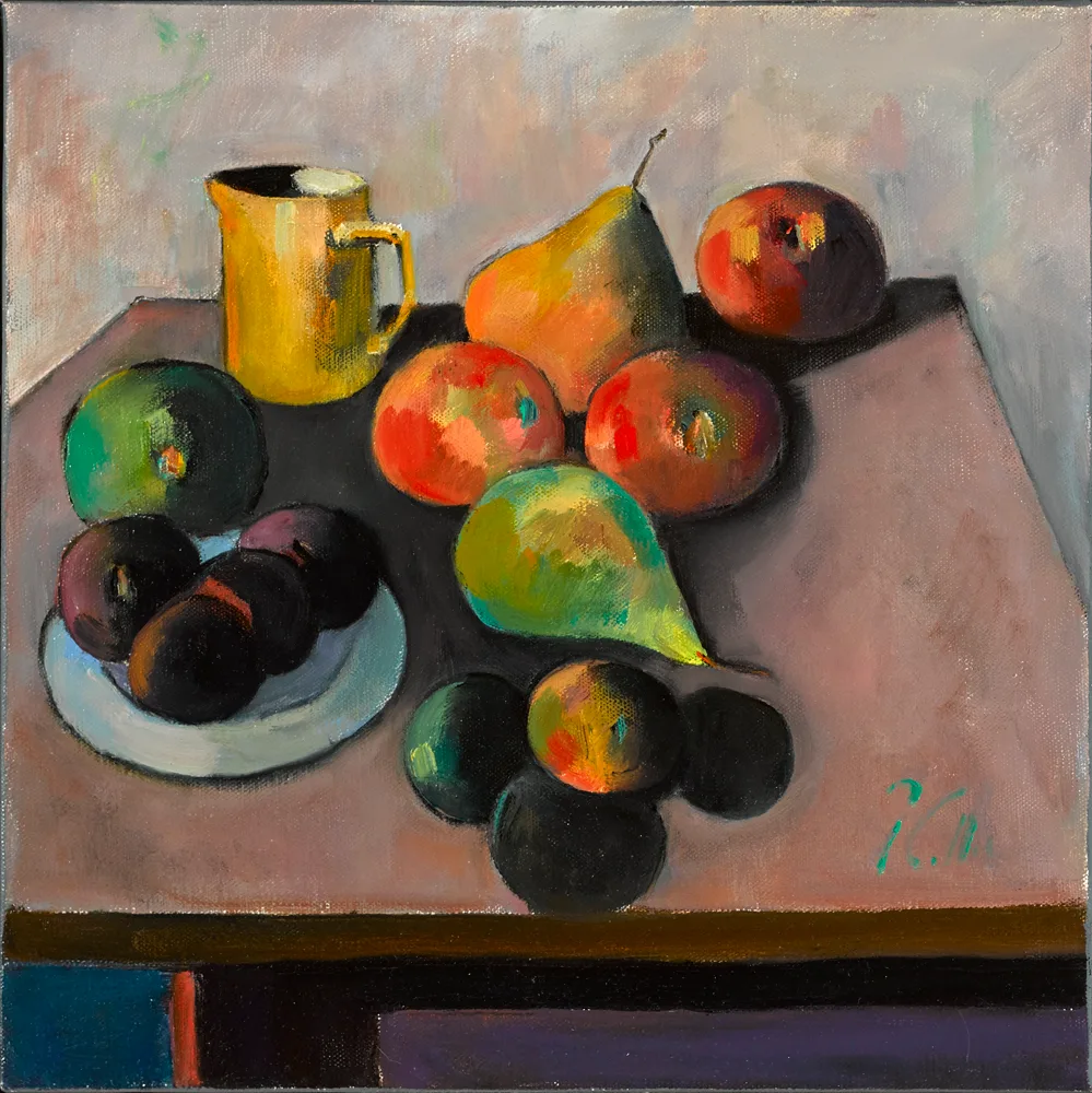 STILL LIFE WITH FRUIT AND JUG by Peter Collis, oil on canvas, sold Feb 2017