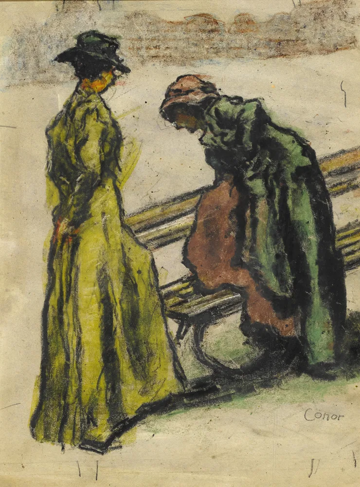 LADIES BY A PARK BENCH by William Conor, crayon, sold Nov 2016