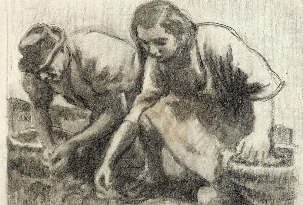 CUTTING SEED POTATOES by William Conor, charcoal on paper, sold Nov 2016