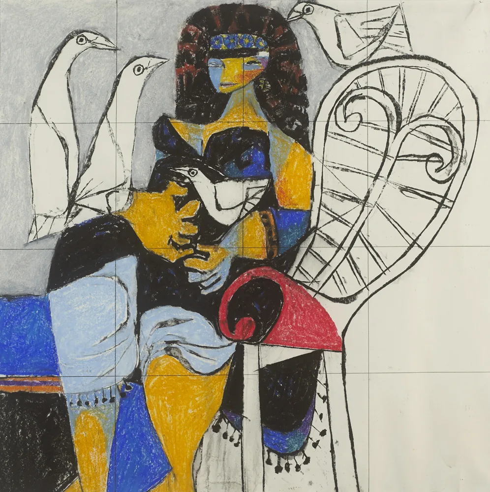 Colin Middleton, WOMAN WITH BIRDS, 1985, pastel and pencil