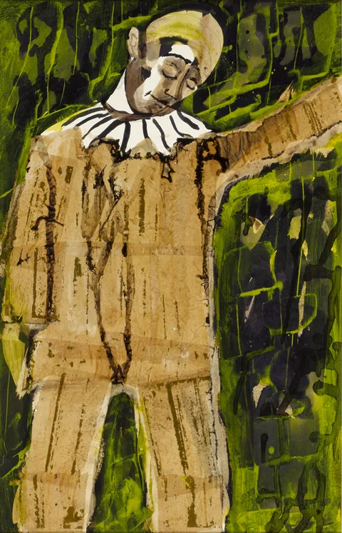 Gerard Dillon, PIERROT, watercolour, gouache and gold paint with collage element