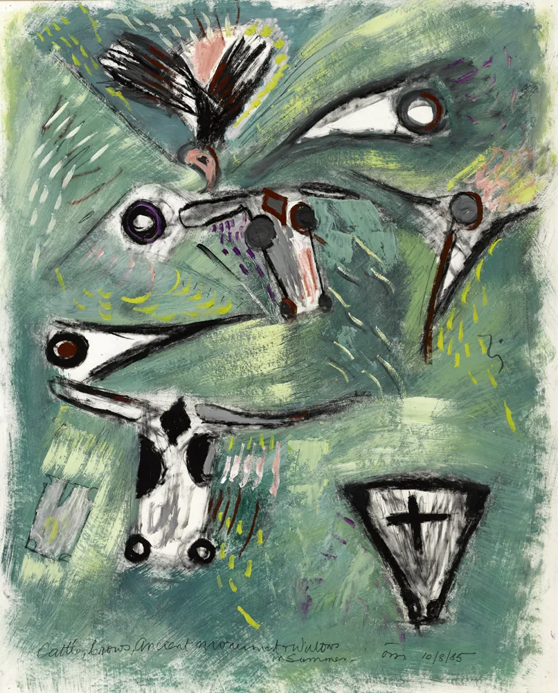 CATTLE, CROWS, ANCIENT MONUMENTS AND WILLOWS IN SUMMER by Tony O'Malley, 1985, oil on paper, offered Nov 2016
