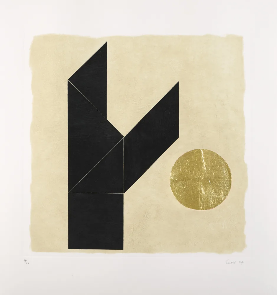 Patrick Scott, TANGRAM II, 2004, carborundum and gold leaf; (no. 68 from edition of 75)