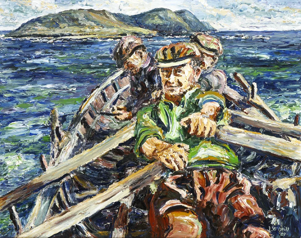 THREE MEN IN A BOAT by Liam O'Neill, 1989, oil on canvas, sold Nov 2016