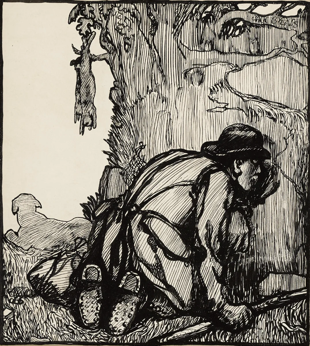 RABBITING by Jack Butler Yeats, ink drawing, offered May 2016