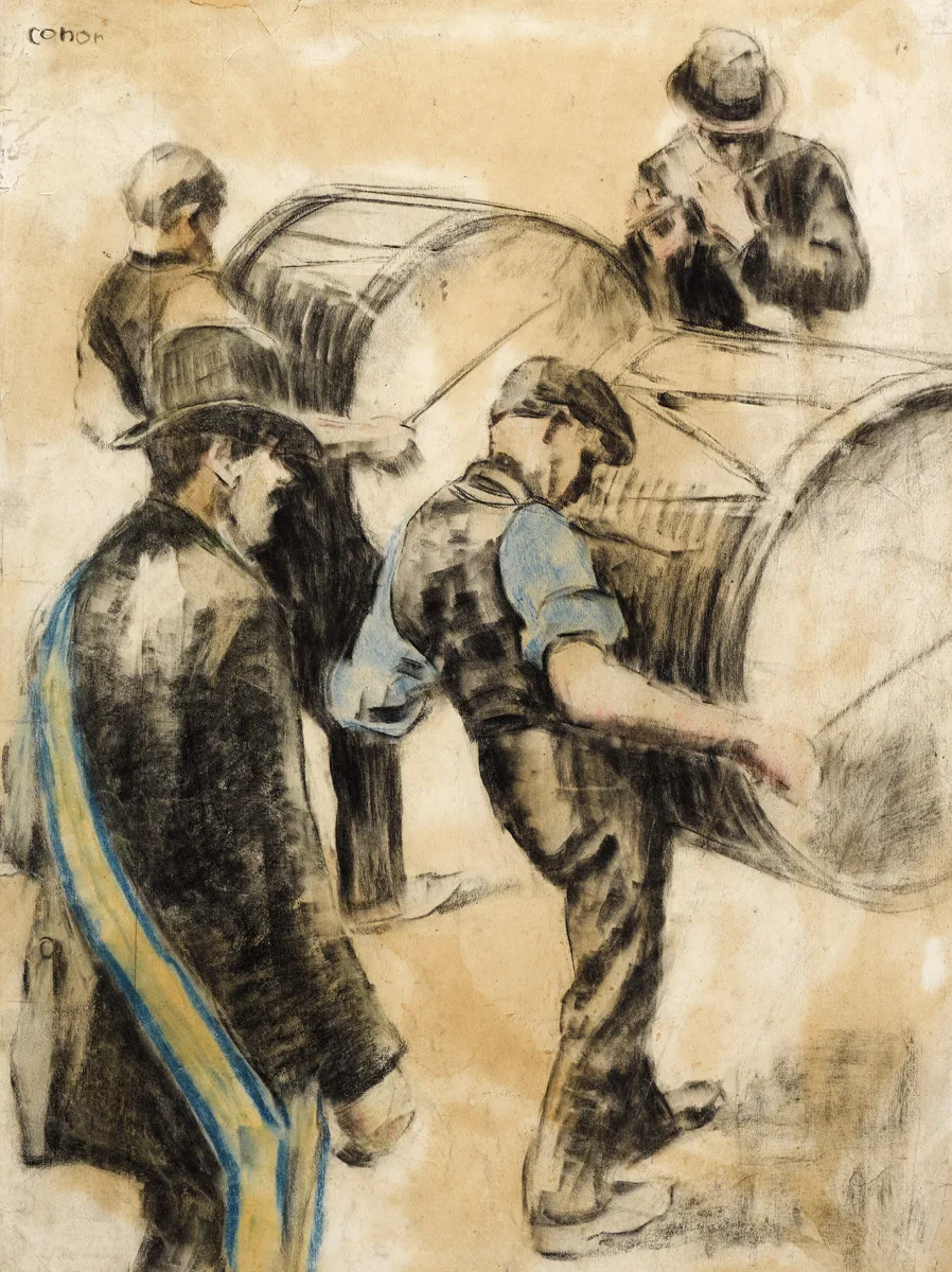 MEN BEATING LAMBEG DRUMS by William Conor, pastel on paper, sold May 2016