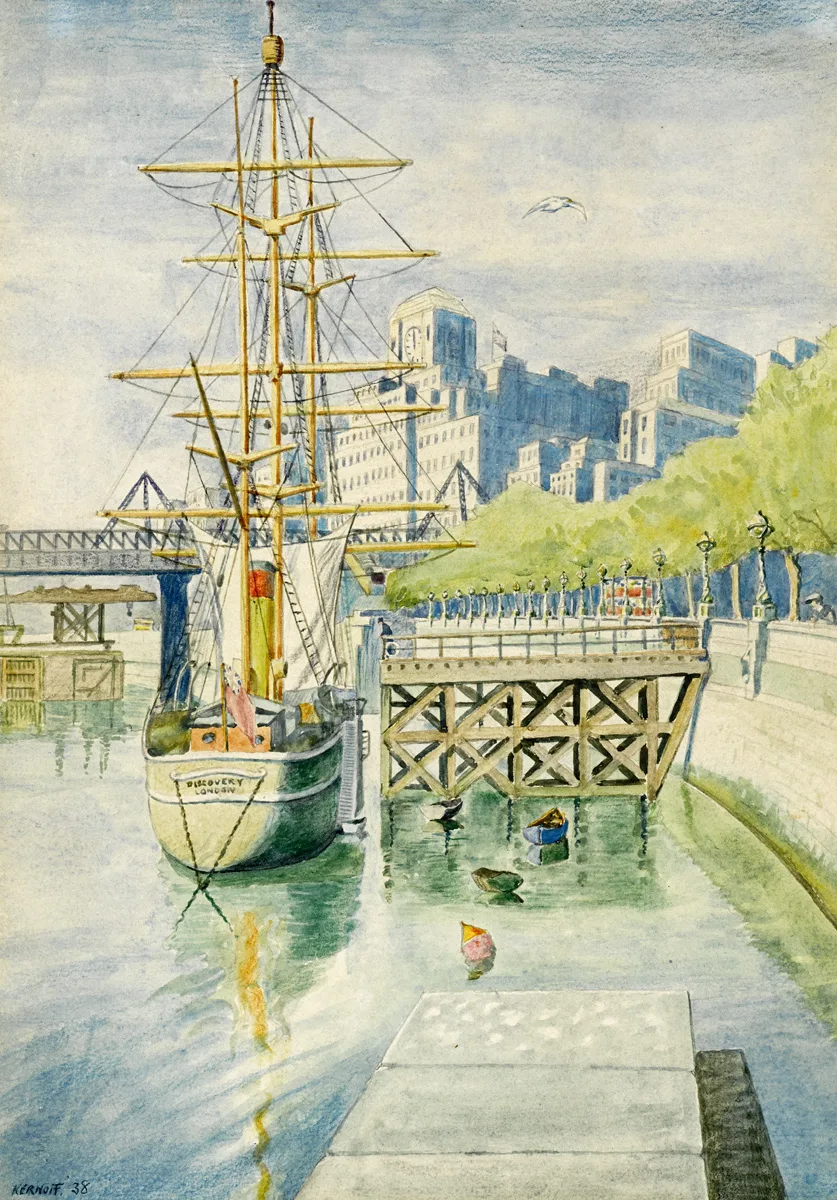 'THE DISCOVERY' BERTHED ON THE THAMES WITH SHELL MEX HOUSE IN THE DISTANCE by Harry Kernoff, 1938, watercolour, sold May 2016