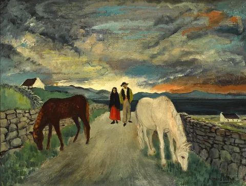 Gerard Dillon, WEST OF IRELAND COUPLE AND HORSES, oil on canvas