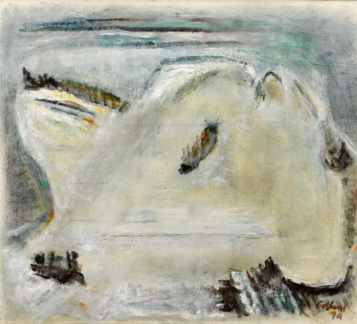 SNOW ON THE HILLS by Patrick Collins, 1979, oil on canvas, sold May 2016