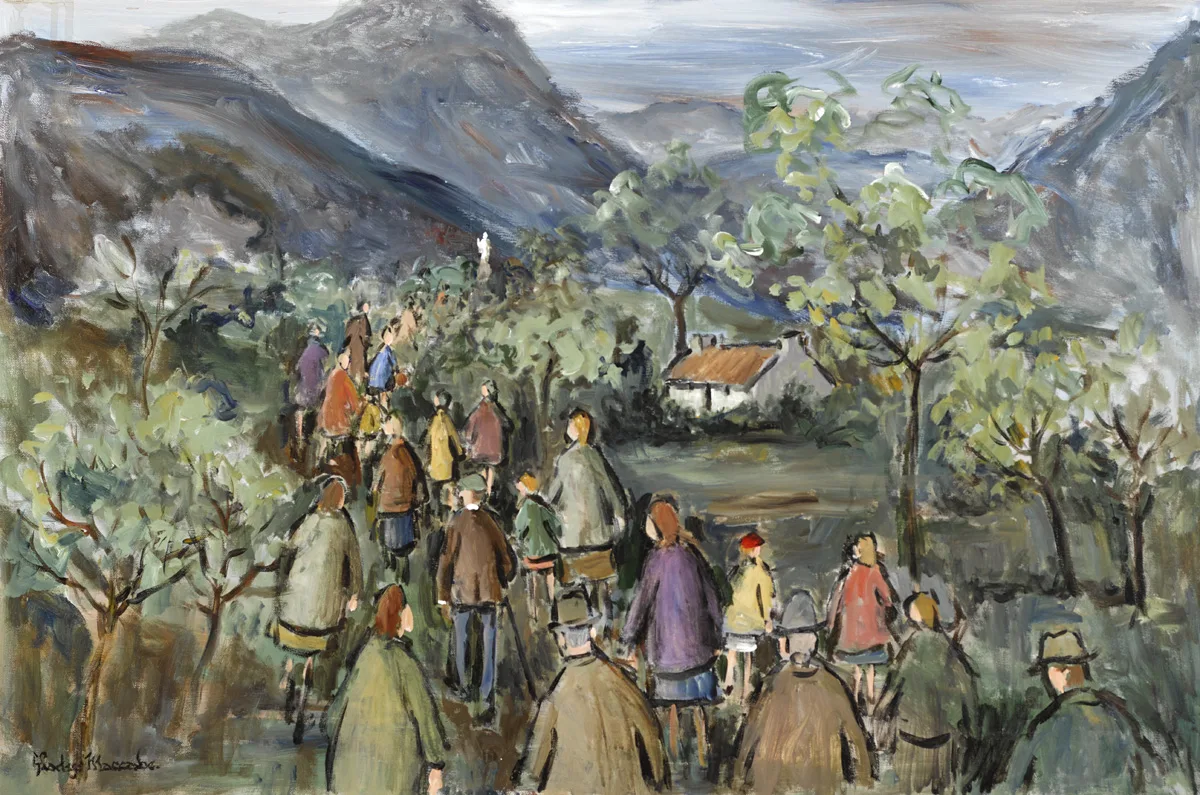 PILGRIMAGE, CROAGH PATRICK, COUNTY MAYO by Gladys Maccabe, oil on board, sold May 2016
