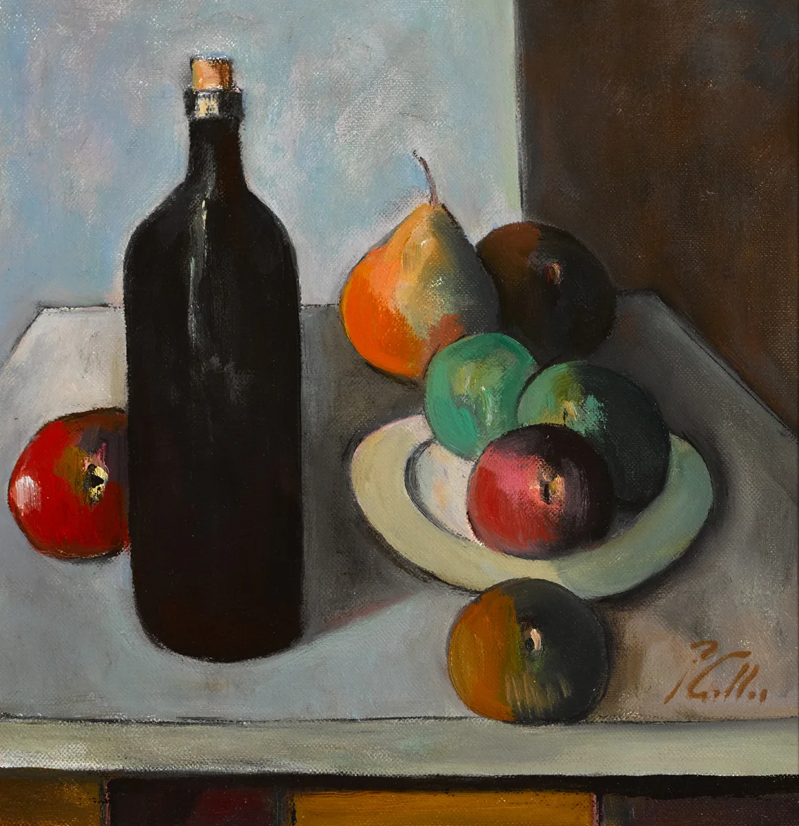 STILL LIFE WITH FRUIT AND BOTTLE by Peter Collis, oil on canvas, sold May 2016