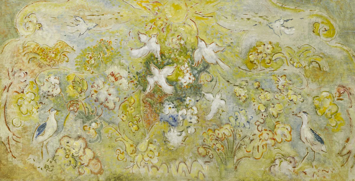 ABSTRACT WITH BIRDS by Piet Sluis, 1990, oil on board, sold May 2016
