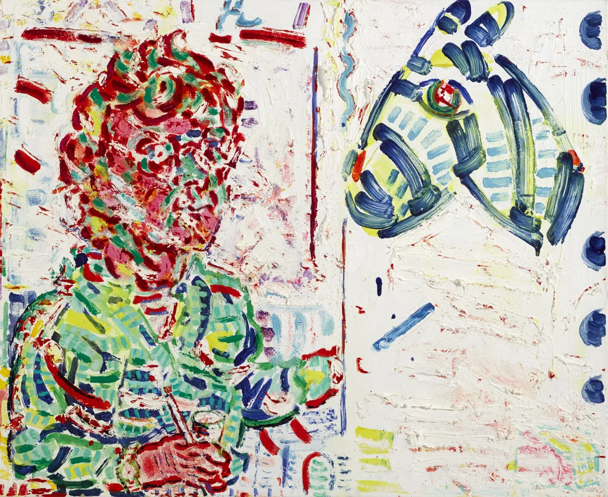 SELF WITH ZEBRINE HEAD by Michael Cullen, 2001, oil on canvas, sold May 2016