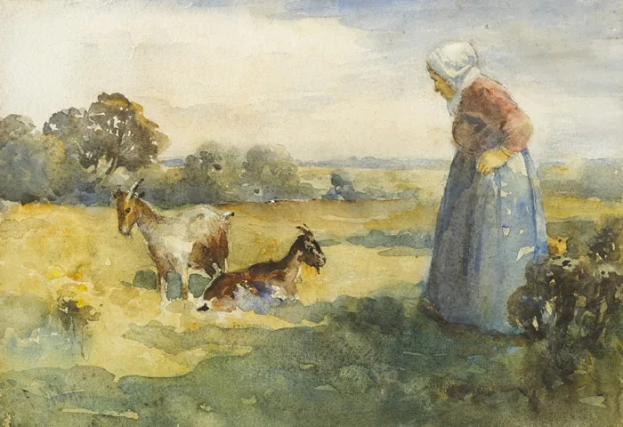 TENDING HER GOATS by Frank McKelvey, c.1925, watercolour over pencil, offered Nov 2014
