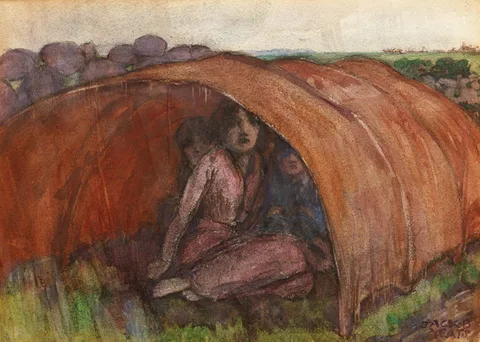 Jack Butler Yeats, THE BALLAD SINGER'S CHILDREN, watercolour on artist board