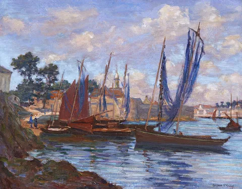 FISHING BOATS AT CONCARNEAU, FRANCE by Aloysius C. OKelly, oil on canvas, sold Nov 2014