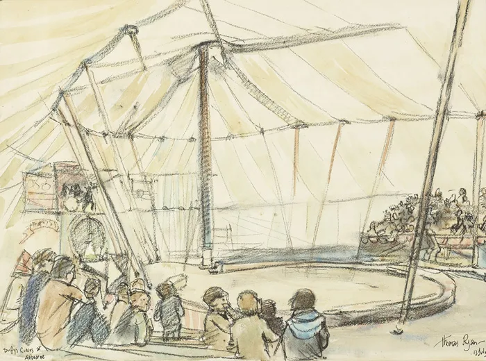 MATINEE IN ASHBOURNE, DUFFY'S CIRCUS by Thomas Ryan, 1974, chalk and watercolour, offered Nov 2014