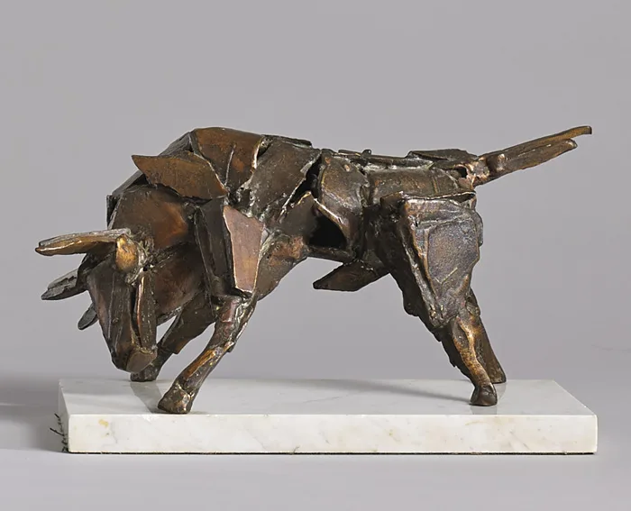 CHARGING BULL by John Behan, bronze on white marble base; (unique), sold Nov 2014