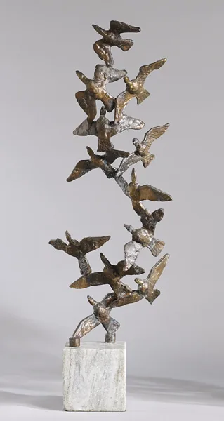 BIRDS IN FLIGHT by John Behan, 1979, bronze on white marble base; (unique), sold Nov 2014